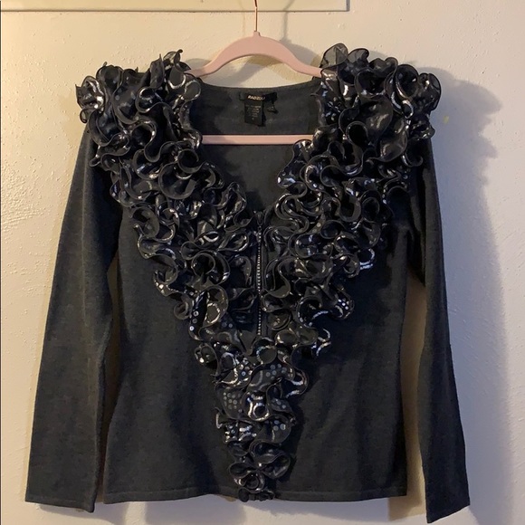 Rhinestone Zipper Cardigan Sweater w/Ruffle Collar - Picture 1 of 4